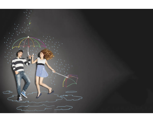 Illustration eines Paares unter bunten, skizzenhaften Regenschirmen im Regen