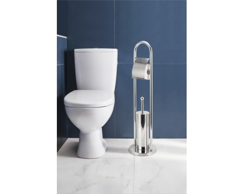 Salle de bains avec toilettes et porte-papier toilette avec brosse WC
