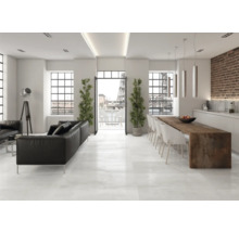 Heller Wohnraum mit schwarzer Ledercouch, Esstisch und großen Fenstern