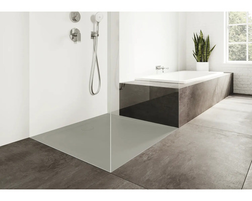 Salle de bain moderne avec douche, baignoire et plante