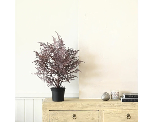 Fougère artificielle dans un pot noir sur une commode en bois