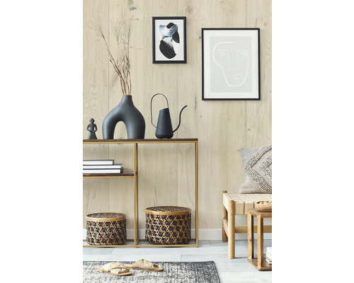 Dekoratives Wohnambiente mit Konsole, Bildern, Gießkanne und Wohnaccessoires