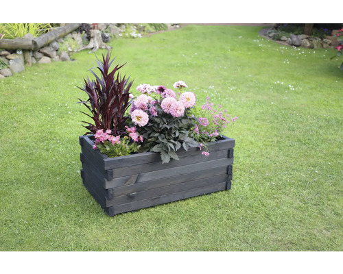 Blumenkasten aus Holz mit verschiedenen Blumen auf Rasen