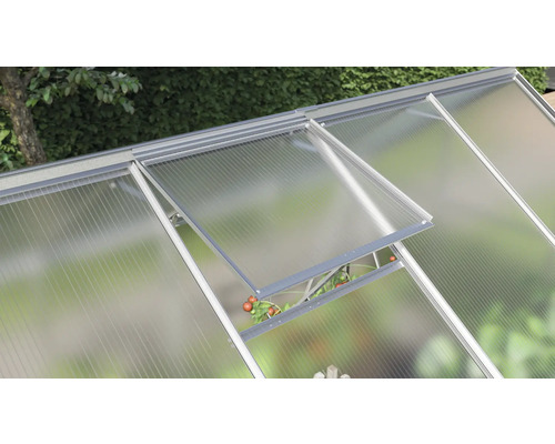 Gros plan d''une serre avec une fenêtre ouverte pour la ventilation.