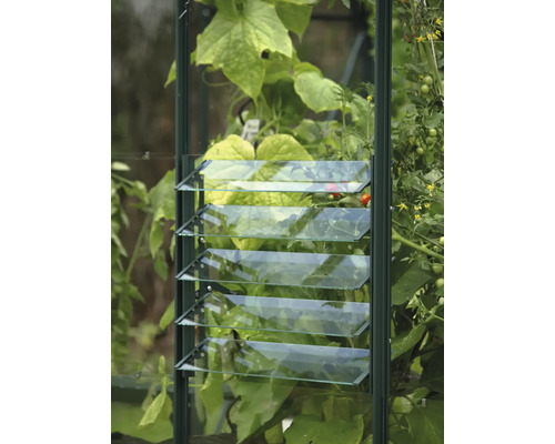Gros plan d''une fenêtre de serre avec des lamelles pour la ventilation.