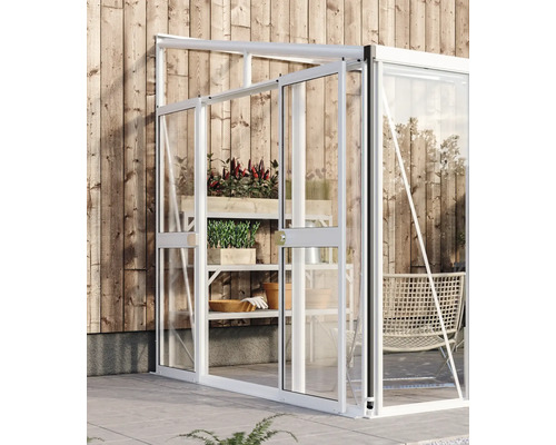 Gewächshaus mit Regalen und Pflanzen vor einer Holzwand