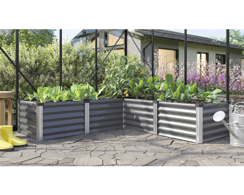 Jardinières surélevées en métal avec légumes et herbes devant une serre