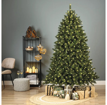Sapin de Noël décoré avec des cadeaux, étagère avec décorations et siège dans un salon