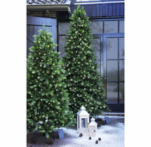 Deux arbres de Noël artificiels illuminés à l'extérieur avec des lanternes et des pommes de pin