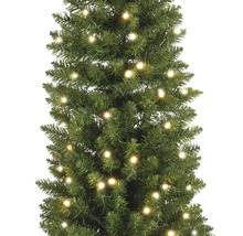 Detailaufnahme eines schmalen, künstlichen Weihnachtsbaums mit integrierter Beleuchtung.