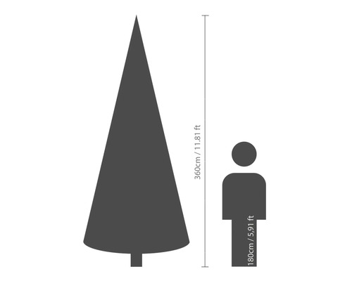 Comparaison de taille: Sapin de Noël de 360 centimètres de haut à côté d'une personne de 180 centimètres de haut