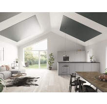 Espace de vie avec panneaux acoustiques au plafond, combiné avec cuisine et salon