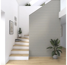 Cage d''escalier avec escalier en bois, mur à rayures horizontales et plantes d''intérieur pour une atmosphère lumineuse