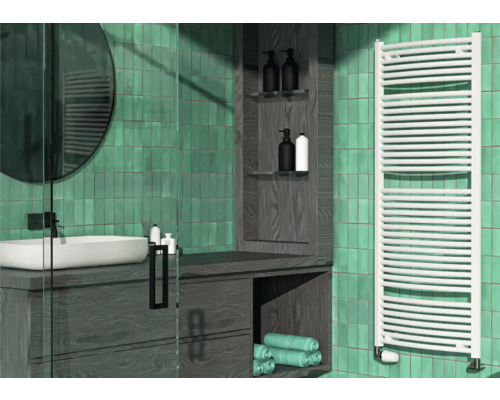 ROTHEIGNER Badheizkörper SWING 1495x595 mm weiß Badezimmer mit Waschbecken, Spiegel, Handtuchwärmer und Ablage