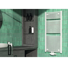 Modernes Badezimmer mit Handtuchwärmer, Waschbecken und Ablageflächen für Pflegeprodukte