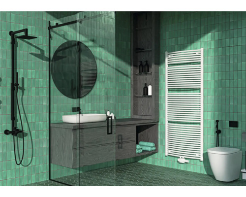 Rotheigner Badheizkörper SWING-M 1810x745 mm weiß mit Mittelanschluß Badezimmer mit Dusche, Waschbecken, Spiegel, Handtuchwärmer und Toilette in einem hellen, organisierten Design