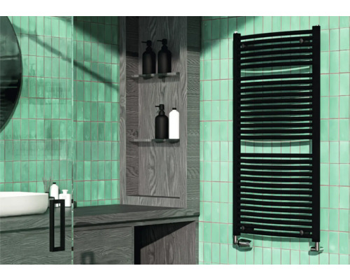 Radiateur de salle de bains Rotheigner SWING 1215 x 595 mm noir mat raccordement des deux côtés en bas Salle de bain avec lavabo, étagère et sèche-serviettes