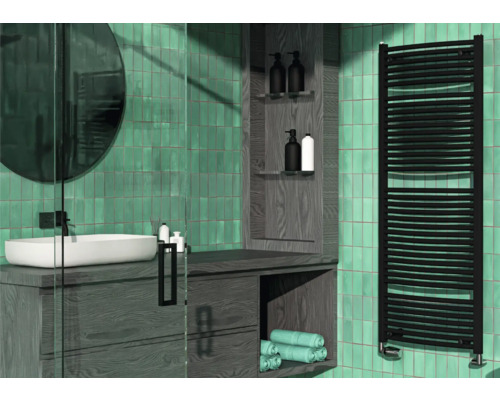 Radiateur de salle de bains Rotheigner SWING 1495 x 595 mm noir mat raccordement des deux côtés en bas Salle de bain moderne avec lavabo, miroir et radiateur