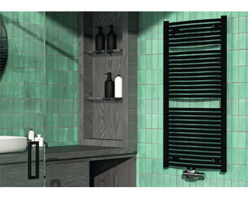 Radiateur de salle de bains Rotheigner SWING-M 1215 x 595 mm noir mat raccordement en bas au centre Salle de bains moderne avec sèche-serviettes, lavabo et espaces de rangement
