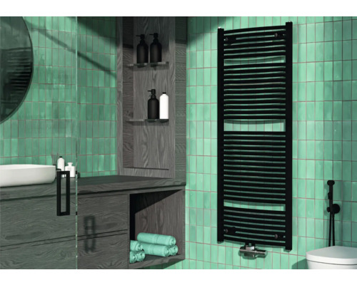 Radiateur de salle de bains Rotheigner SWING-M 1495 x 595 mm noir mat raccordement en bas au centre Salle de bains avec lavabo, miroir et sèche-serviettes noir