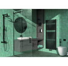 Salle de bains lumineuse avec douche, lavabo, sèche-serviettes et toilettes devant des murs carrelés