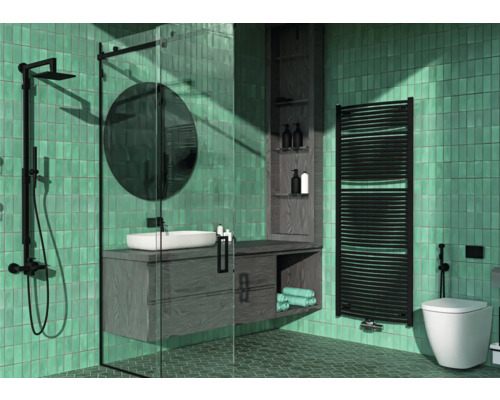 Radiateur de salle de bains Rotheigner SWING-M 1810 x 745 mm noir mat raccordement en bas au centre Salle de bains lumineuse avec douche, lavabo, sèche-serviettes et toilettes devant des murs carrelés