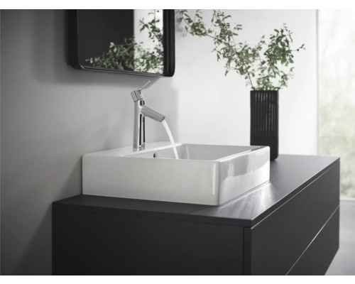 Meuble-lavabo de salle de bains avec vasque à poser rectangulaire, robinet et miroir