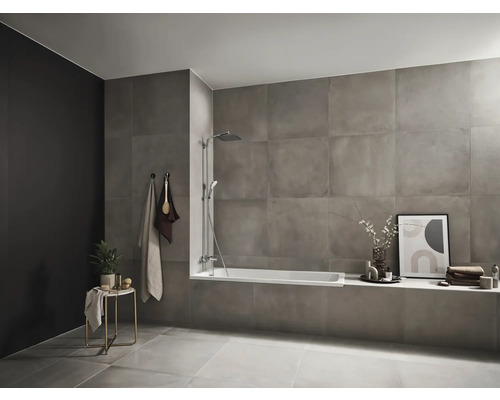 Badezimmer mit Badewanne, Dusche, Handtüchern und Dekoration in Grautönen