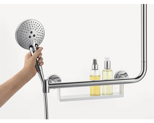 Handbrause mit Haltegriff und Ablage im Badezimmer