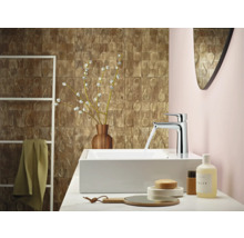 Modernes Badezimmer mit Waschtisch, Armatur, Spiegel und dekorativen Elementen für ein stilvolles Ambiente.