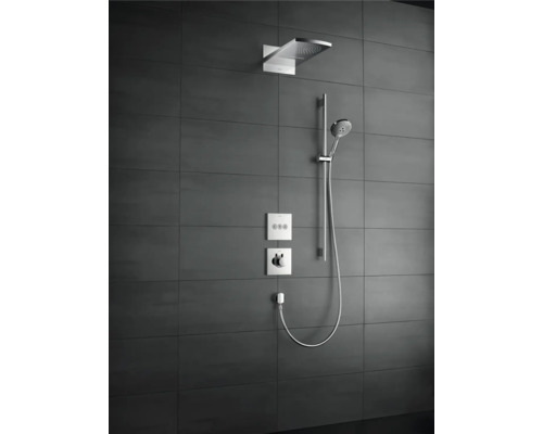 Système de douche avec douche de tête, douchette à main et mitigeur thermostatique sur mur sombre