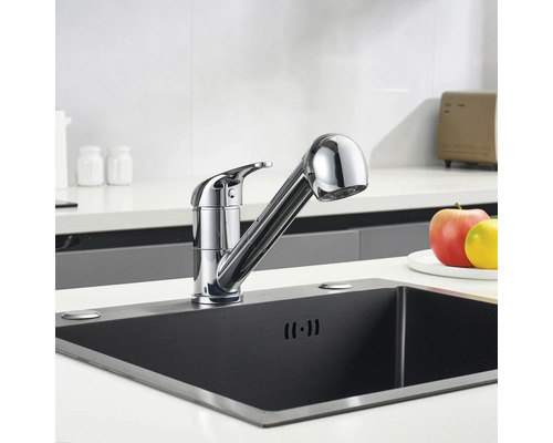 Évier de cuisine avec mitigeur monocommande chromé et douchette extractible