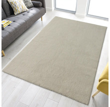 Beiger Hochflor Teppich im Wohnzimmer mit Sofa und Sessel