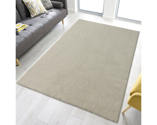 Beiger Hochflor Teppich im Wohnzimmer mit Sofa und Sessel