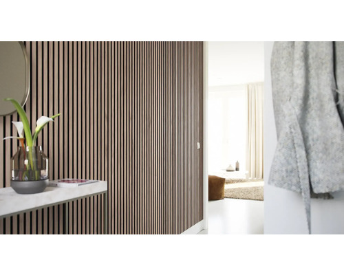 Innenaufnahme eines modern gestalteten Flurs mit Wandpaneelen, die eine stilvolle und akustisch optimierte Atmosphäre schaffen.