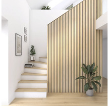Pièce lumineuse avec escalier, mur en lamelles de bois et plantes d''intérieur pour une ambiance d''habitation moderne.
