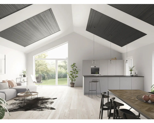 Salon lumineux avec éléments de plafond, mobilier moderne et grandes fenêtres