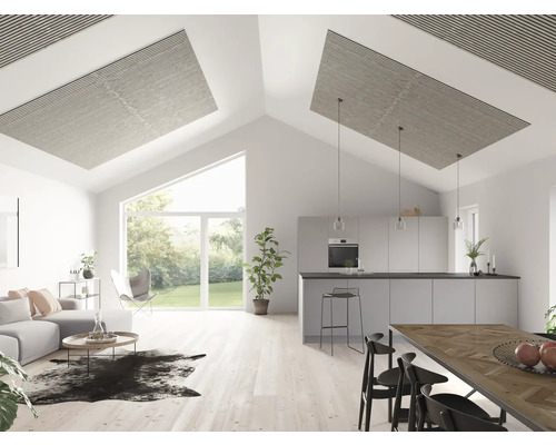 Espace de vie lumineux avec cuisine ouverte, panneaux de plafond, coin salon et coin repas