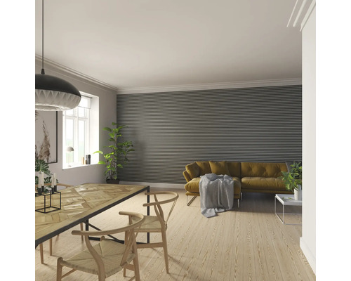 Salon avec table à manger, chaises, canapé et panneaux muraux pour une ambiance de vie moderne.