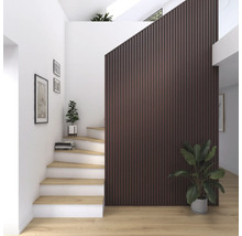 Couloir lumineux avec escalier, mur en lambris et plantes d''intérieur