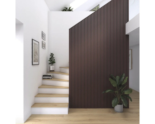 Couloir lumineux avec escalier, mur en lambris et plantes d''intérieur