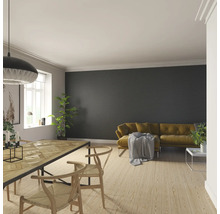 Salon avec table à manger, chaises, canapé et lambris horizontal