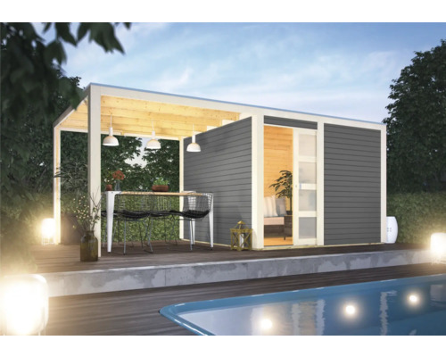Gartenhaus Karibu Carlson 2 mit Schleppdach und selbstklebender Dachfolie 542,5 x 276 cm terragrau