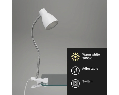 Lampe à pince blanche avec bras flexible et lumière blanc chaud 3000K
