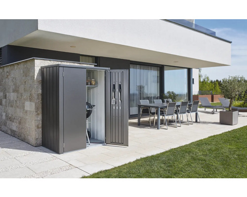 Armoire de jardin avec barbecue et outils dans un jardin moderne