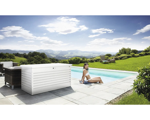 Szene mit einem Pool, einer Frau, Gartenmöbeln und einer Aufbewahrungsbox