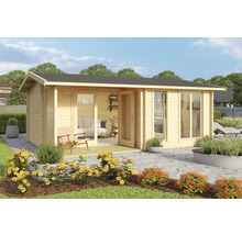 Abri de jardin en bois avec fenêtres et double porte dans le jardin