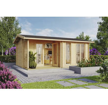 Abri de jardin avec mobilier de bureau à l''extérieur.