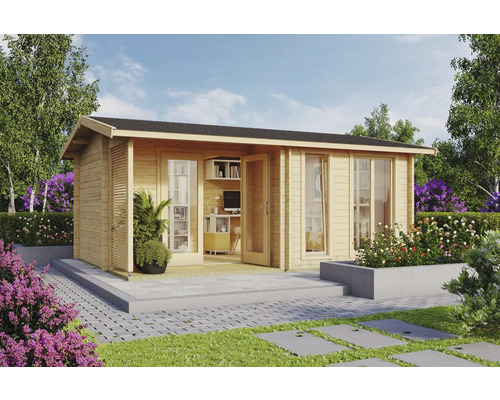 Gartenhaus mit Büroausstattung im Aussenbereich.