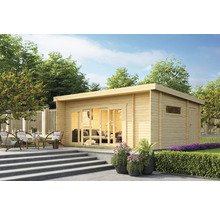 Maison de jardin en bois avec mobilier de terrasse et escalier